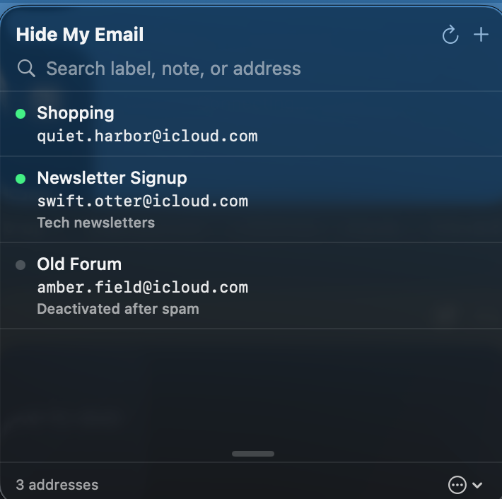 Masque menu bar popover showing a list of Hide My Email addresses